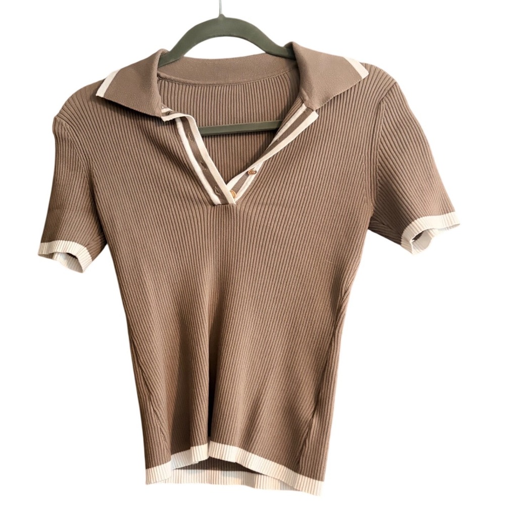 Commense Ribbed Knit Polo Top Taupe Brown Gold Crest Buttons Small